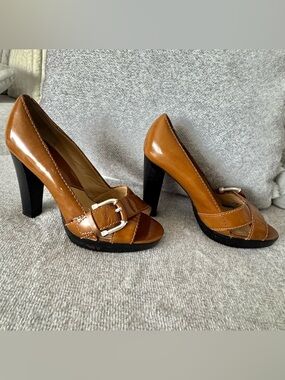 MICHAEL Michael Kors Cognac Patent Leather Peep-Toe Buckle Heels
